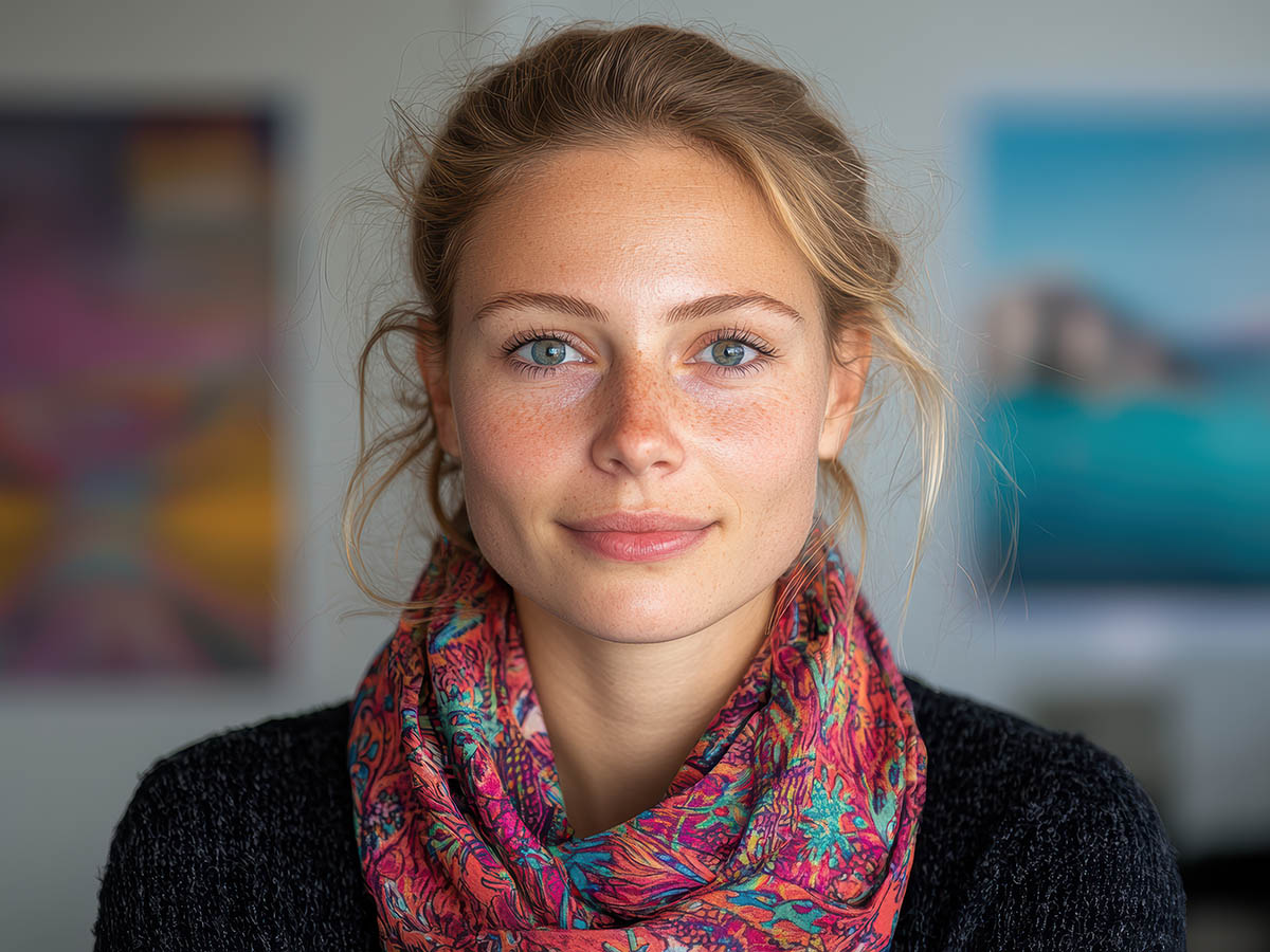 Lady with reddish face and blue eyes