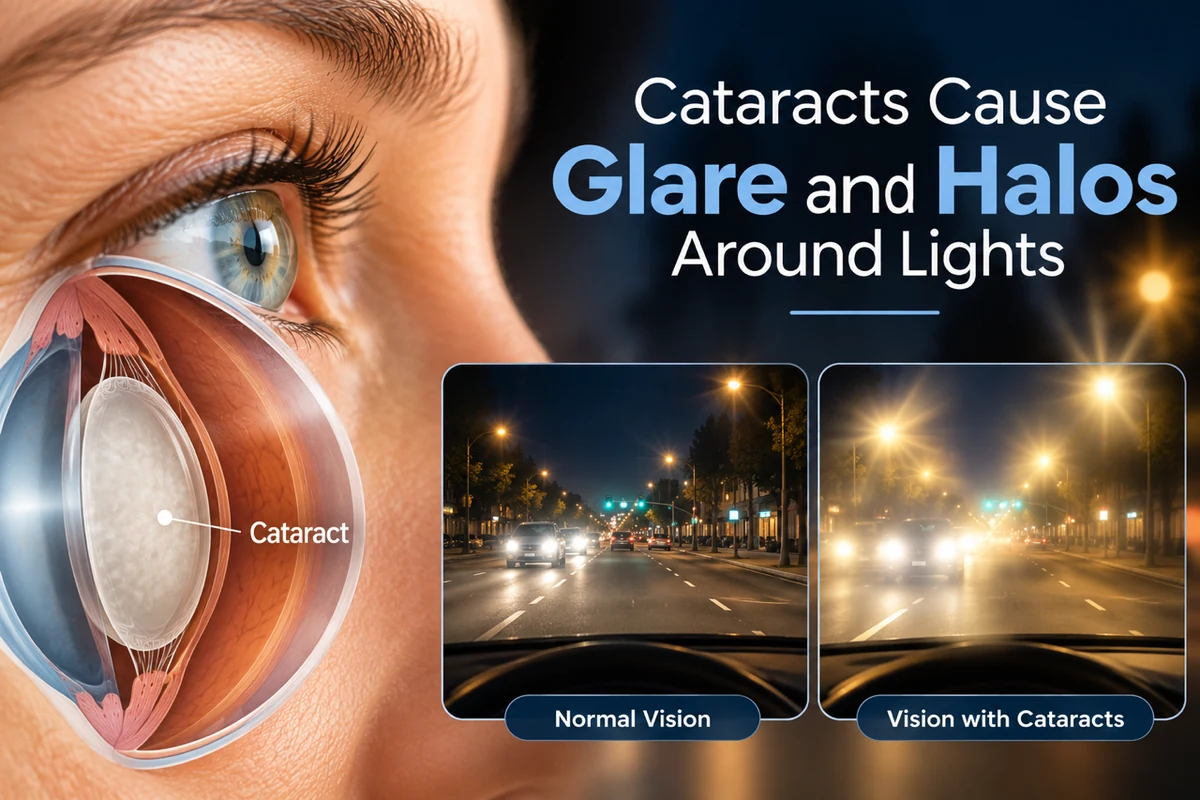 Illustration comparing normal night vision with glare and halos caused by cataracts