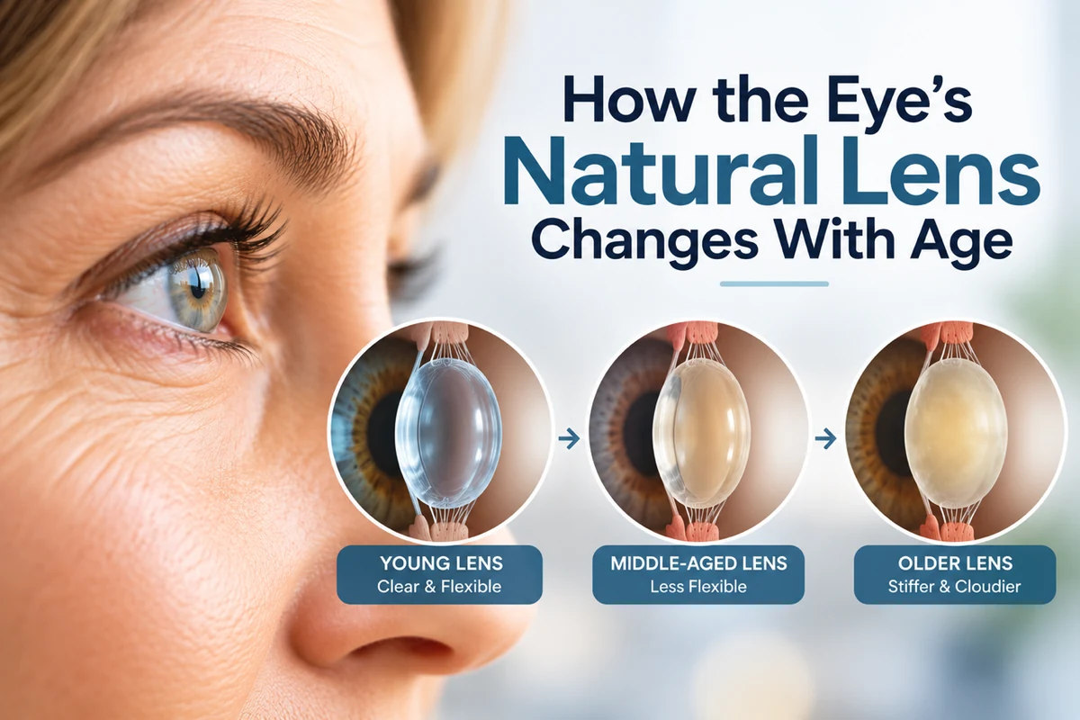 Illustration of the natural lens becoming less flexible and cloudier with age