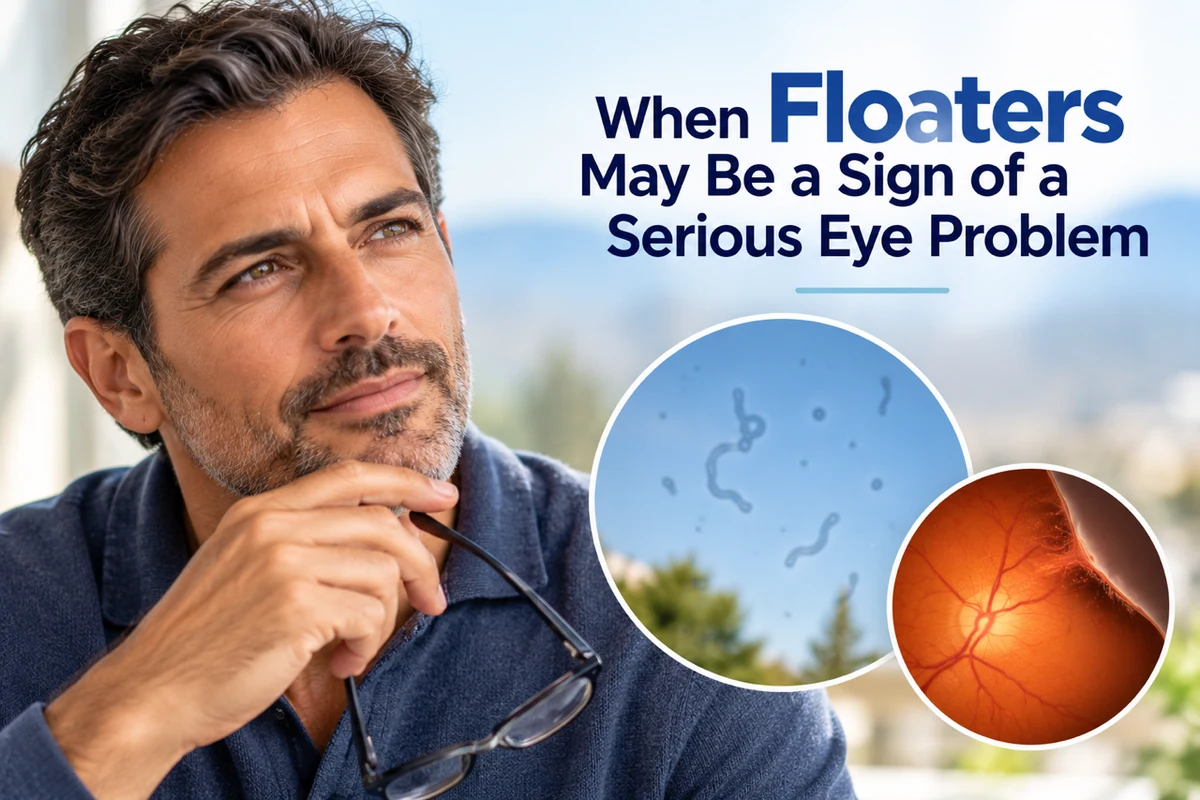 Illustration of eye floaters and a retinal problem