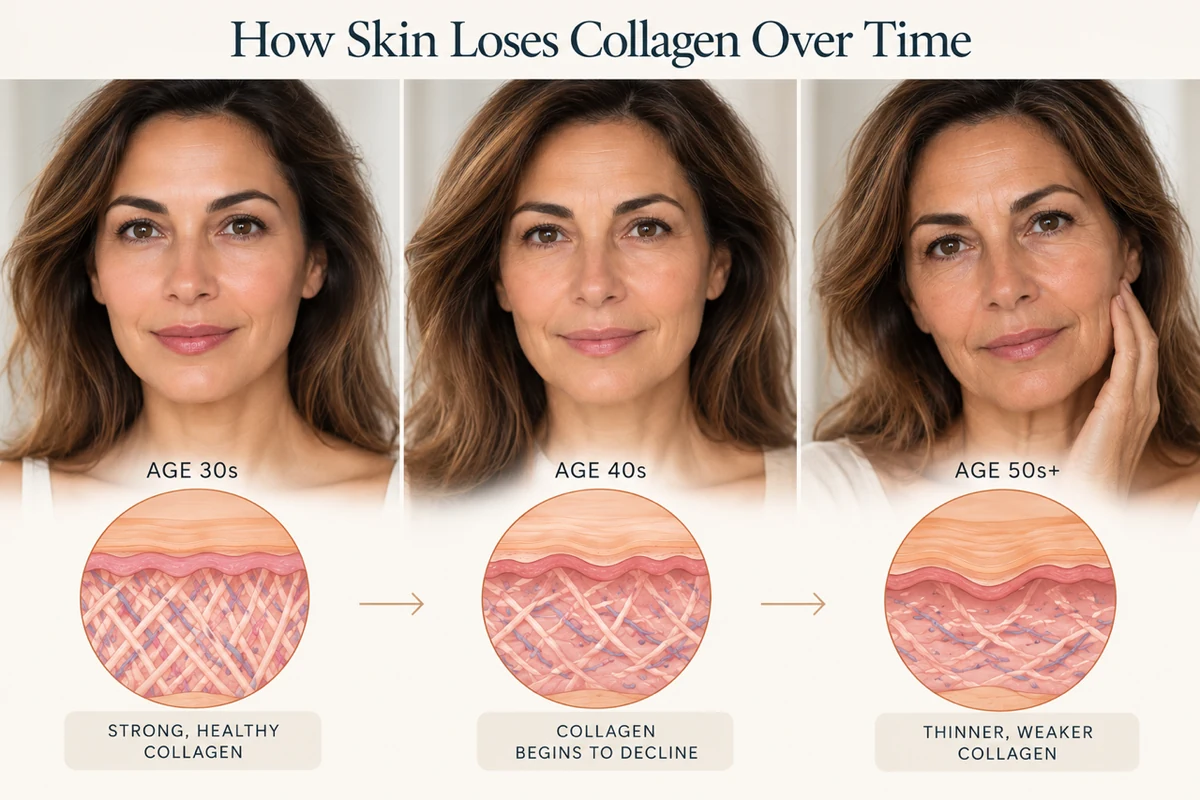 AI age-progression illustration showing changes in skin and collagen through the 30s, 40s, and 50s and older
