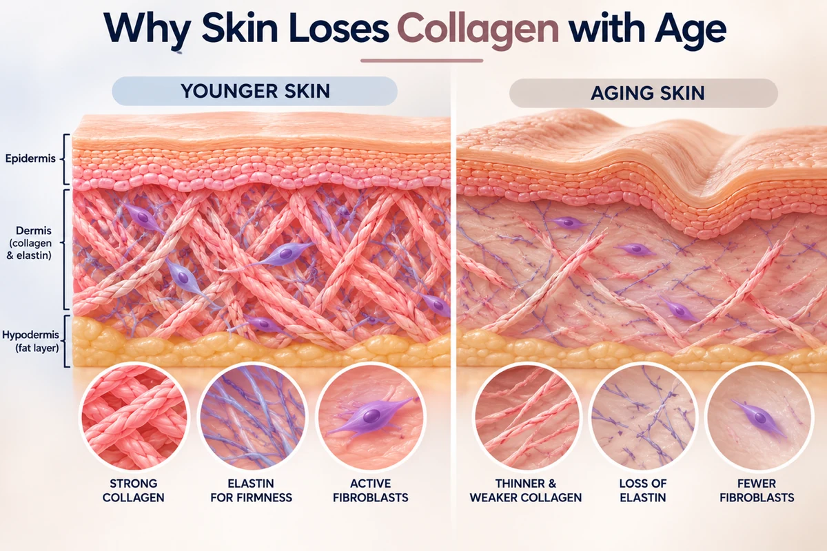 Illustration comparing collagen and elastin in younger and aging skin